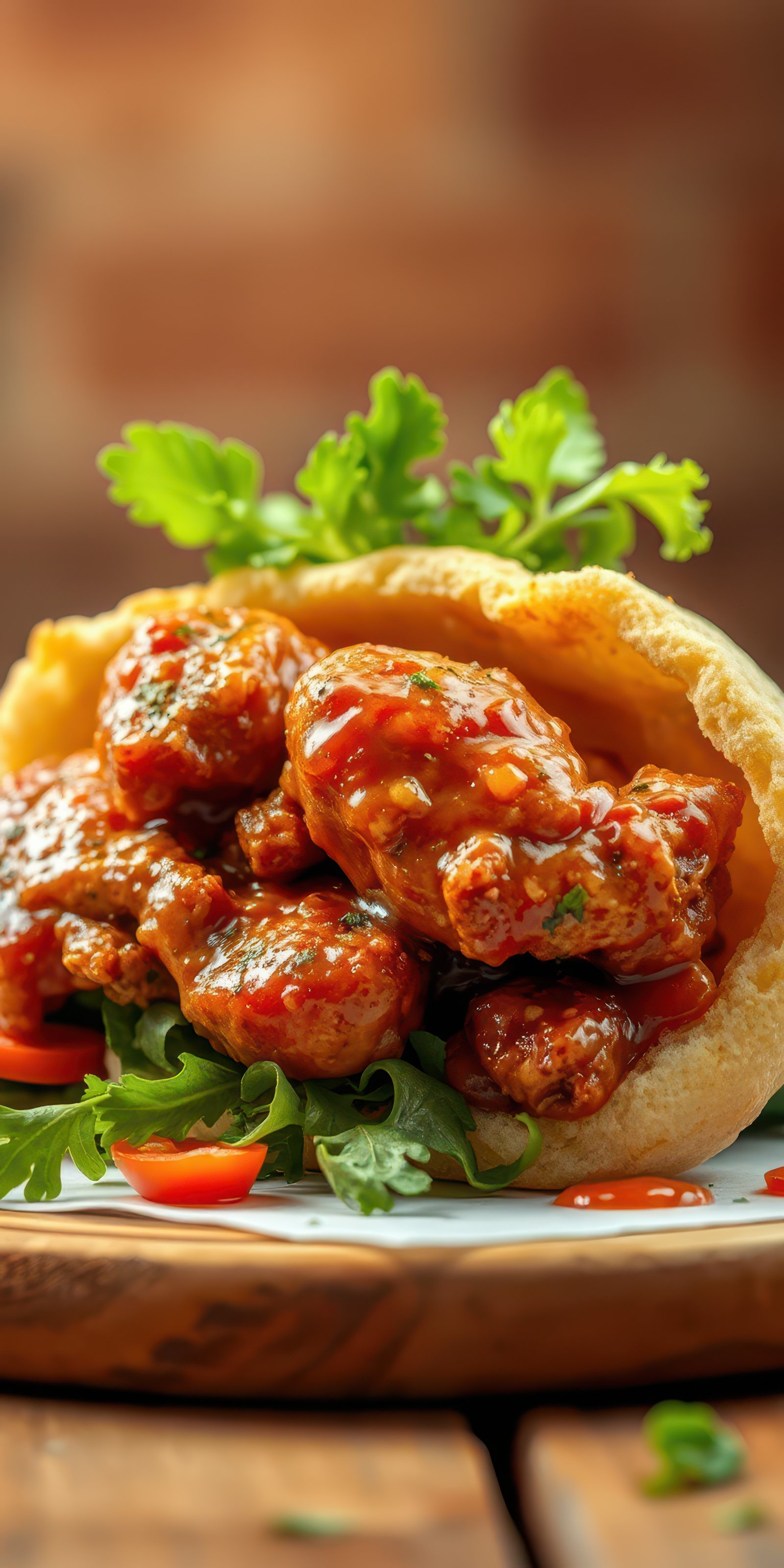 Delicious spicy chicken served in a warm pita with fresh greens and sauce